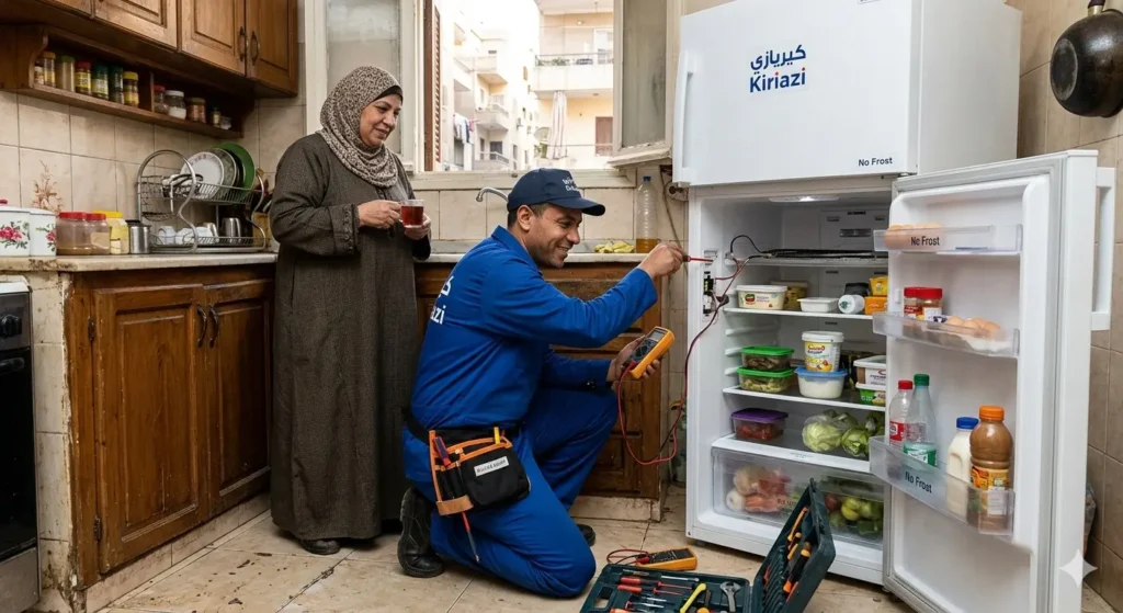 صورة توضح فني يقوم بفحص ثلاجة نوفروست بمزل العميل