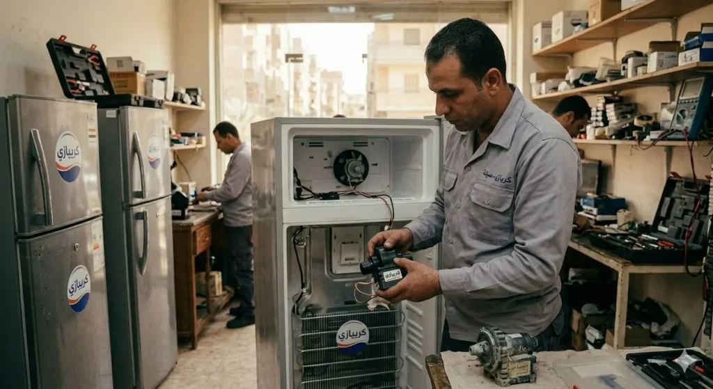 صورة توضح فني صيانة ثلاجات كريازي بالجيزة يقوم بفحص مروحة ثلاجة